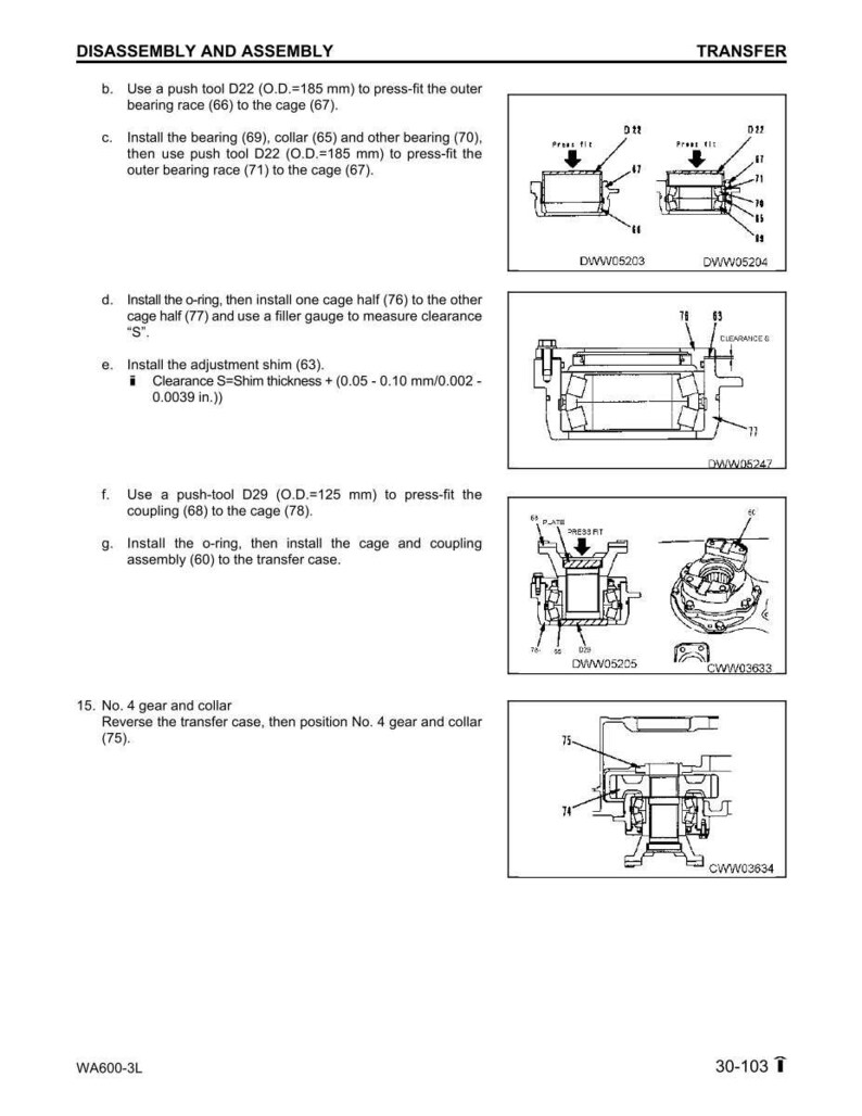 Pu&ograve; includere: Diagrammi e istruzioni tecniche per lo smontaggio e il montaggio di un componente meccanico. Il testo fornisce i passaggi per l'installazione di cuscinetti, collari e o-ring, con misure in millimetri e pollici. I diagrammi mostrano viste in sezione trasversale.