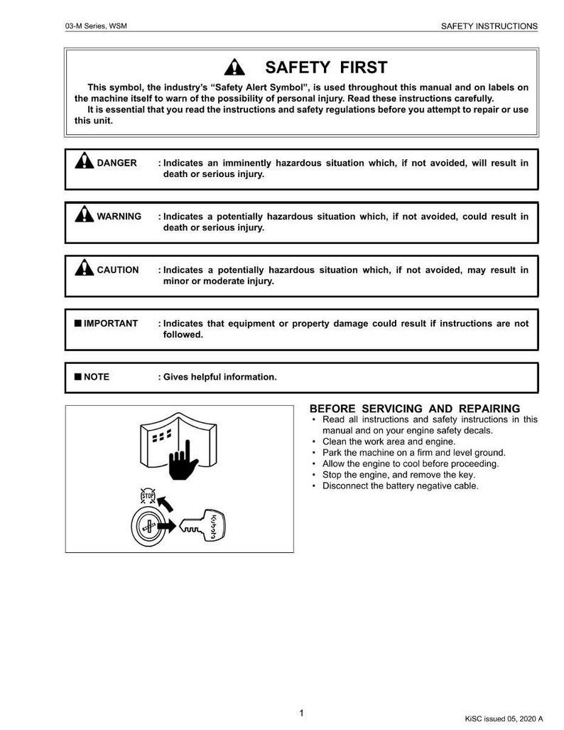 May include: A safety instruction manual with the title "SAFETY FIRST". The manual includes safety symbols and instructions for servicing and repairing machinery. It also lists potential hazards and their severity levels.