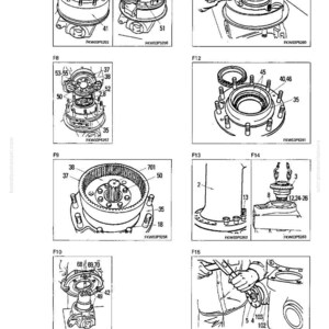 K&ouml;nnte beinhalten: Detaillierte technische Diagramme verschiedener mechanischer Komponenten, wahrscheinlich f&uuml;r Maschinen oder Fahrzeuge. Die Illustrationen zeigen Teile wie Zahnr&auml;der, Bolzen und Geh&auml;use, mit Beschriftungen und Teilenummern. Die Bilder sind in Schwarzwei&szlig;.