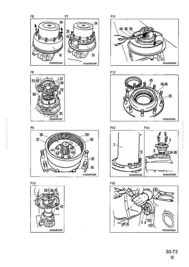 K&ouml;nnte beinhalten: Detaillierte technische Diagramme verschiedener mechanischer Komponenten, wahrscheinlich f&uuml;r Maschinen oder Fahrzeuge. Die Illustrationen zeigen Teile wie Zahnr&auml;der, Bolzen und Geh&auml;use, mit Beschriftungen und Teilenummern. Die Bilder sind in Schwarzwei&szlig;.