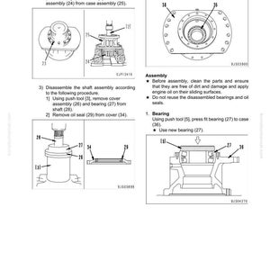 May include: Diagram of swing machinery assembly with numbered parts and instructions. Includes illustrations of shaft and case assembly, bearing removal, and assembly steps. Text includes "Power train" and "Disassembly and assembly".
