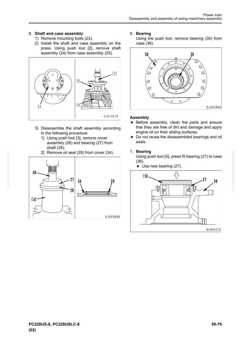 May include: Diagram of swing machinery assembly with numbered parts and instructions. Includes illustrations of shaft and case assembly, bearing removal, and assembly steps. Text includes "Power train" and "Disassembly and assembly".