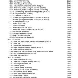 May include: A detailed contents page from a manual, listing various mechanical components and their corresponding page numbers. Includes items like transmission oil changes, clutch plates, and axle assemblies.