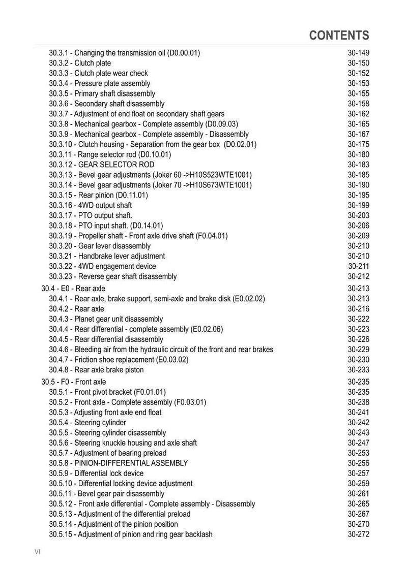 May include: A detailed contents page from a manual, listing various mechanical components and their corresponding page numbers. Includes items like transmission oil changes, clutch plates, and axle assemblies.