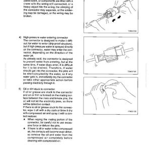 May include: Diagrams illustrating troubleshooting steps for electrical connectors. The image shows how to address disconnections, water entry, and oil or dirt accumulation. Includes text and illustrations of connector components and maintenance procedures.