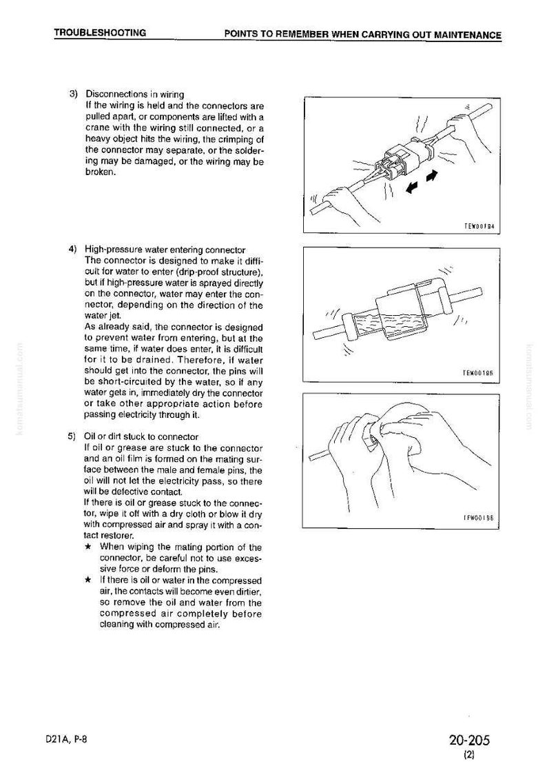 May include: Diagrams illustrating troubleshooting steps for electrical connectors. The image shows how to address disconnections, water entry, and oil or dirt accumulation. Includes text and illustrations of connector components and maintenance procedures.