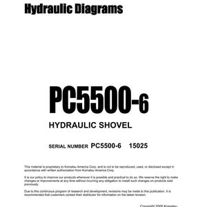 Peut inclure: Un document blanc avec du texte noir, intitul&eacute; "Electrical and Hydraulic Diagrams". Le document pr&eacute;sente le texte "PC5500-6 HYDRAULIC SHOVEL" et "SERIAL NUMBER PC5500-6 15025". Des informations sur le copyright de Komatsu America Corp. sont &eacute;galement pr&eacute;sentes.