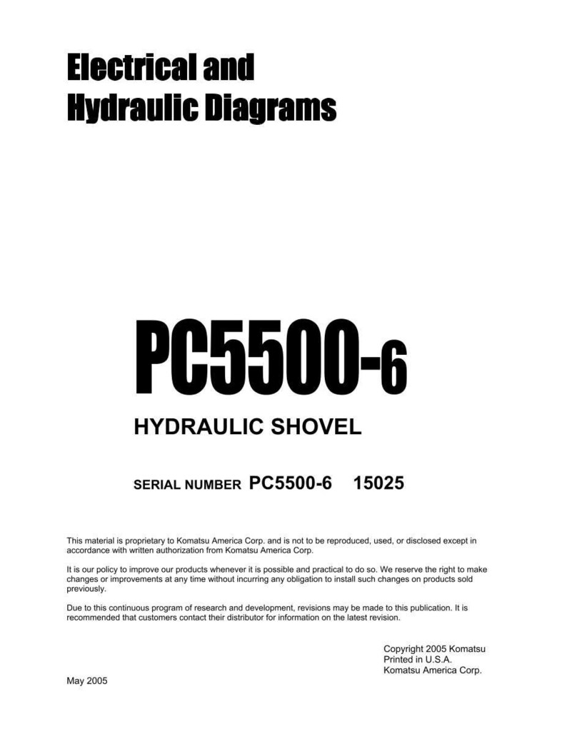 Peut inclure: Un document blanc avec du texte noir, intitul&eacute; "Electrical and Hydraulic Diagrams". Le document pr&eacute;sente le texte "PC5500-6 HYDRAULIC SHOVEL" et "SERIAL NUMBER PC5500-6 15025". Des informations sur le copyright de Komatsu America Corp. sont &eacute;galement pr&eacute;sentes.