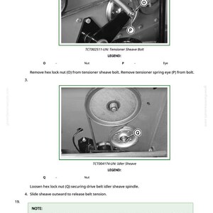 May include: Diagram of a mechanical assembly with pulleys, belts, and a spring. Text labels identify components like the tensioner sheave bolt and idler sheave. Instructions are included for maintenance procedures.