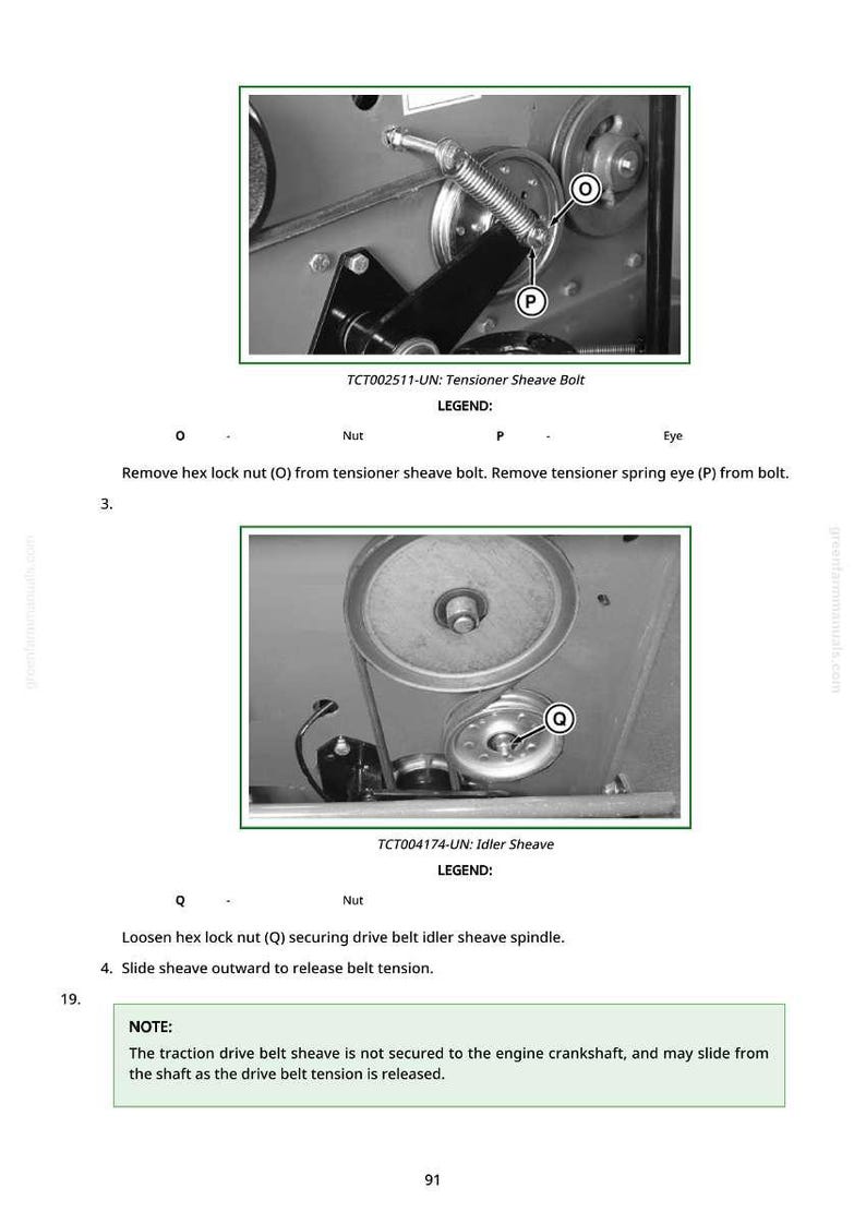 May include: Diagram of a mechanical assembly with pulleys, belts, and a spring. Text labels identify components like the tensioner sheave bolt and idler sheave. Instructions are included for maintenance procedures.