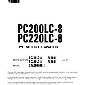 K&ouml;nnte beinhalten: Werkstatthandbuch f&uuml;r Hydraulikbagger PC200LC-8 und PC220LC-8. Das Cover zeigt fetten schwarzen Text auf wei&szlig;em Hintergrund. Enth&auml;lt Seriennummern, Motordetails und Urheberrechtsinformationen. Gedruckt in den USA im November 2012.