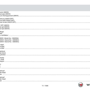 May include: A detailed table of contents from a manual, featuring German, English, and French terms. The document lists various engine components, including exhaust pipes, cylinder blocks, and pistons. The Weidemann logo is visible at the bottom.