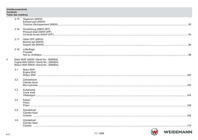 May include: A detailed table of contents from a manual, featuring German, English, and French terms. The document lists various engine components, including exhaust pipes, cylinder blocks, and pistons. The Weidemann logo is visible at the bottom.