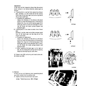 May include: A technical diagram from a manual detailing the disassembly and assembly of a bevel gear shaft. The image includes illustrations of gear components, adjustment procedures, and tightening instructions. Text includes torque specifications.