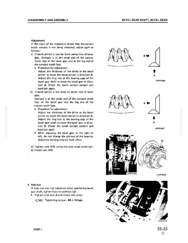 May include: A technical diagram from a manual detailing the disassembly and assembly of a bevel gear shaft. The image includes illustrations of gear components, adjustment procedures, and tightening instructions. Text includes torque specifications.