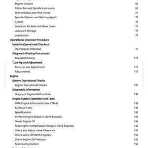 May include: A white page with a detailed table of contents for an engine manual. The table lists various sections, including fuels, engine maintenance, and system adjustments, with corresponding page numbers.