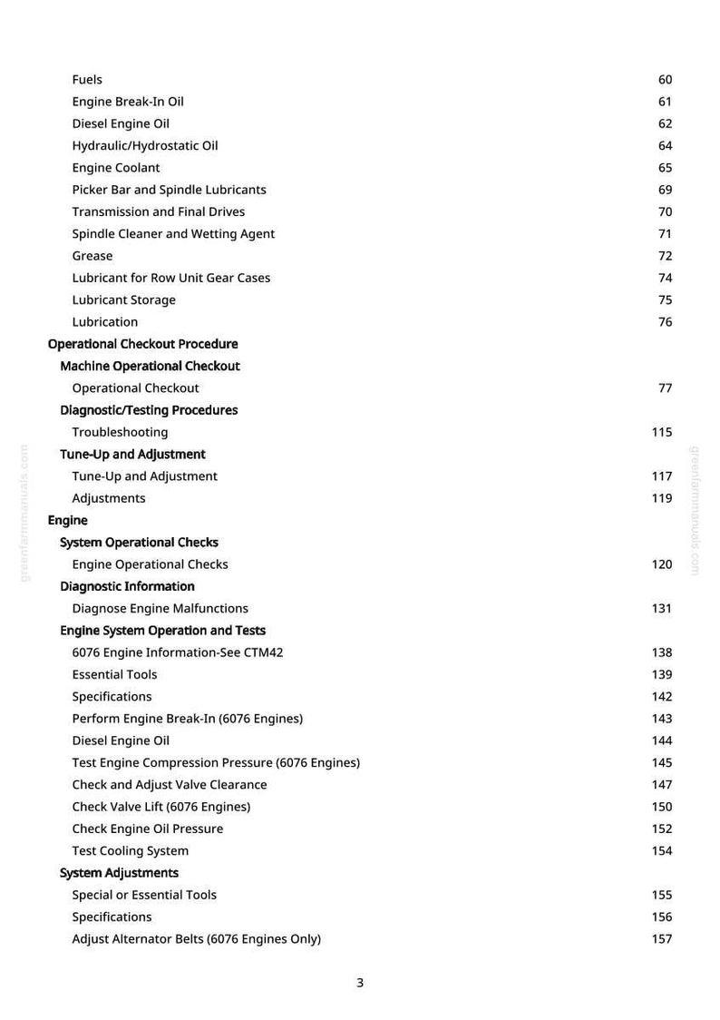 May include: A white page with a detailed table of contents for an engine manual. The table lists various sections, including fuels, engine maintenance, and system adjustments, with corresponding page numbers.