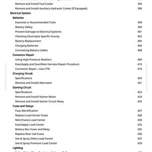May include: A page from a manual with a table of contents. The topics include auxiliary coolers, electrical systems, batteries, connector repair, charging circuits, starting circuits, fuses, relays, and lighting.