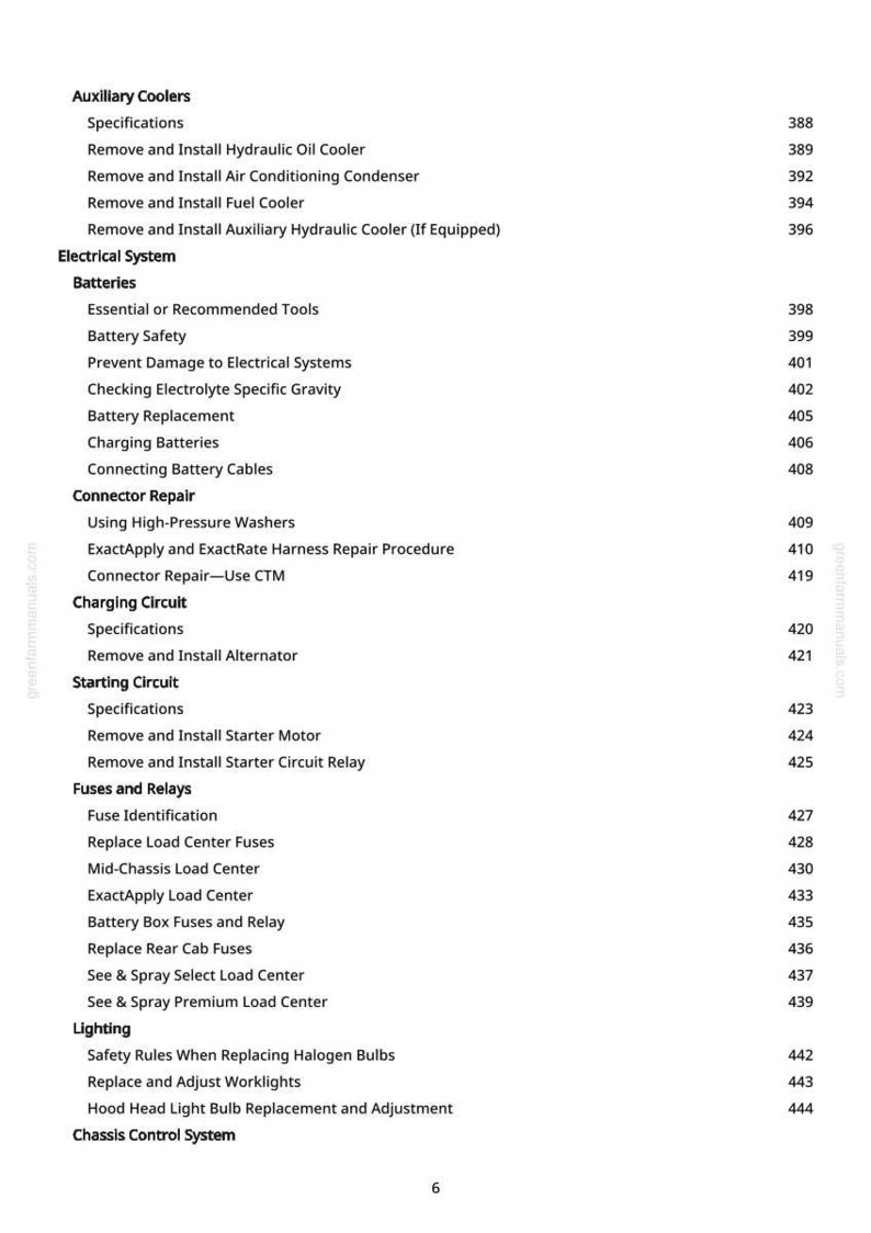 May include: A page from a manual with a table of contents. The topics include auxiliary coolers, electrical systems, batteries, connector repair, charging circuits, starting circuits, fuses, relays, and lighting.