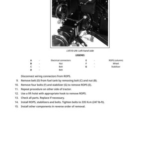 May include: Black and white diagram of tractor components, labeled A through G, with a legend. Text includes instructions for removing and installing parts, including bolts and stabilizers. The diagram is labeled LV510-UN: Left-hand side.