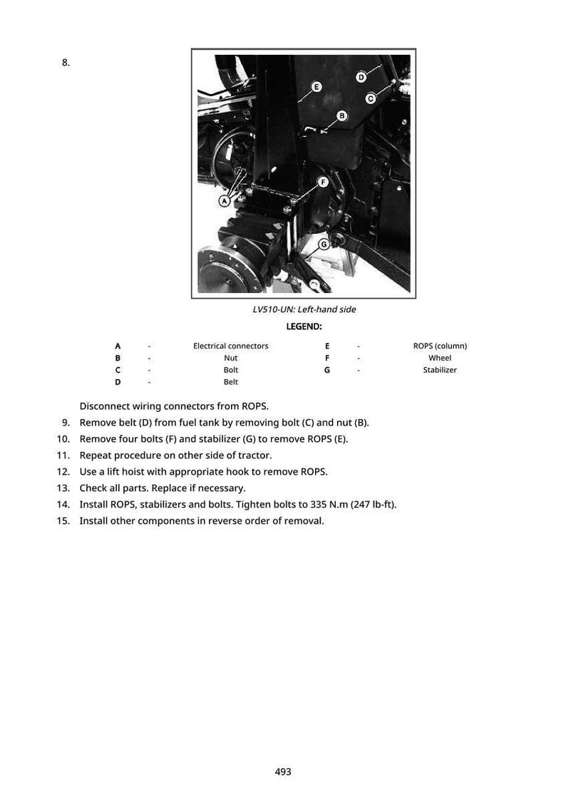 May include: Black and white diagram of tractor components, labeled A through G, with a legend. Text includes instructions for removing and installing parts, including bolts and stabilizers. The diagram is labeled LV510-UN: Left-hand side.