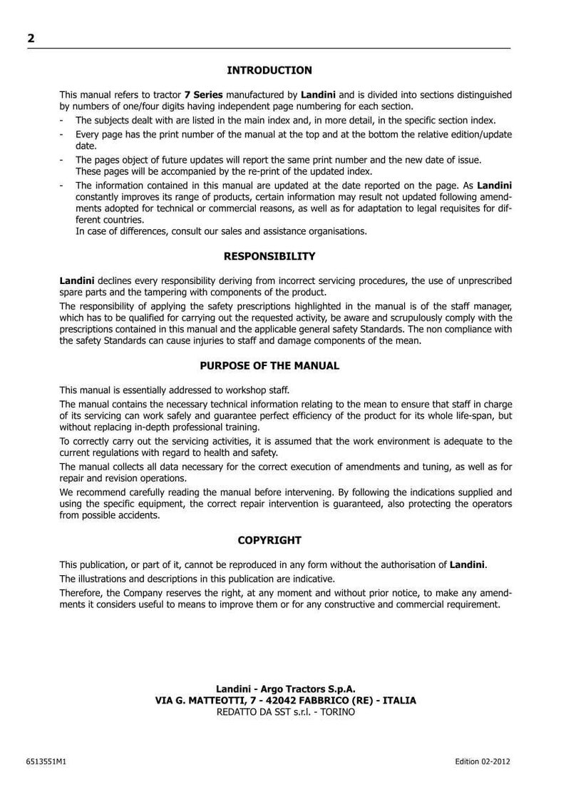 May include: A printed manual page with the title "INTRODUCTION" and the Landini logo. The text describes tractor 7 Series, safety, and servicing procedures. The bottom of the page includes the company's address and copyright information.