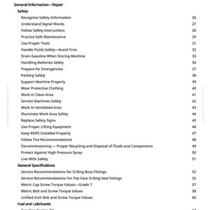 Pode incluir: Uma p&aacute;gina de um manual intitulada "Table of Contents" com uma lista de t&oacute;picos, incluindo "Seguran&ccedil;a", "Combust&iacute;vel e lubrificantes" e "Especifica&ccedil;&otilde;es gerais". Os n&uacute;meros das p&aacute;ginas est&atilde;o &agrave; direita.