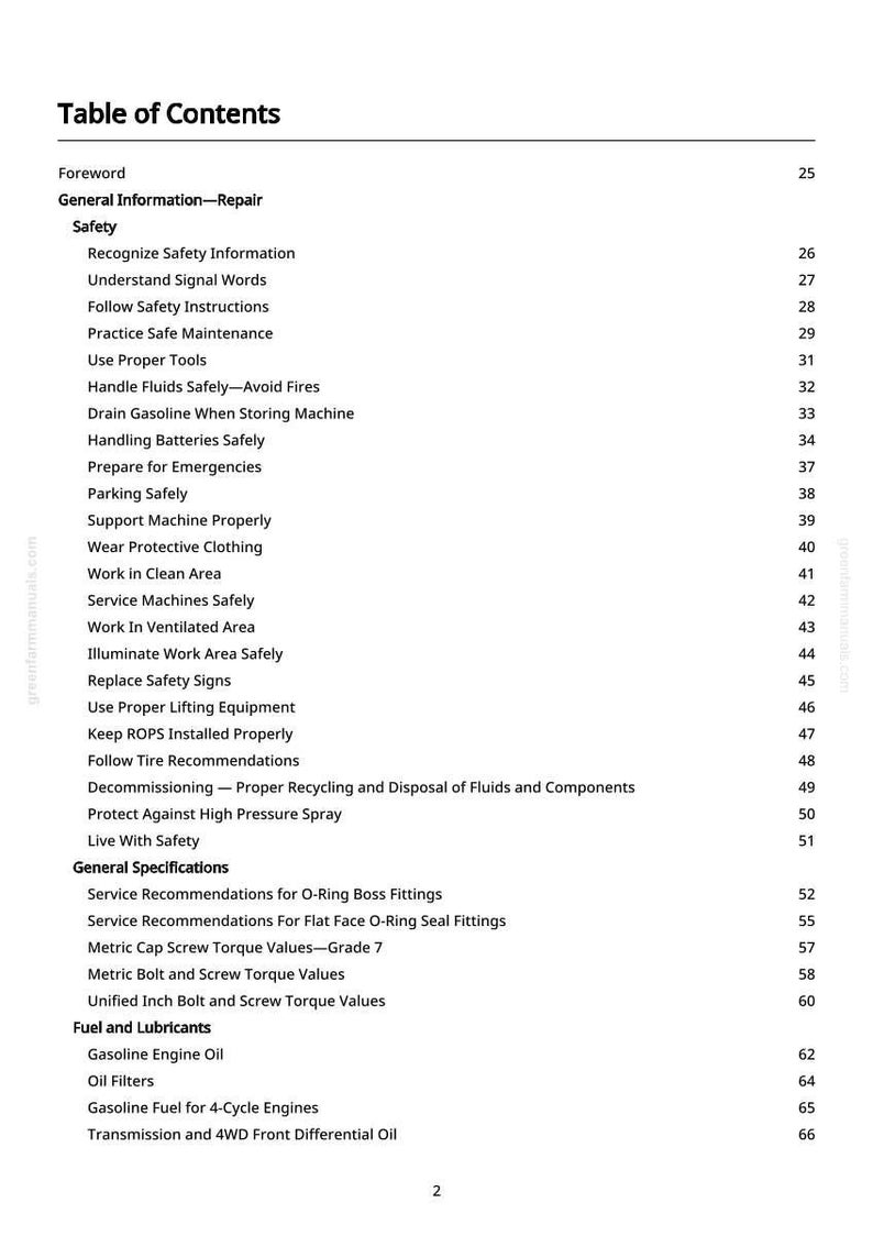 Pode incluir: Uma p&aacute;gina de um manual intitulada "Table of Contents" com uma lista de t&oacute;picos, incluindo "Seguran&ccedil;a", "Combust&iacute;vel e lubrificantes" e "Especifica&ccedil;&otilde;es gerais". Os n&uacute;meros das p&aacute;ginas est&atilde;o &agrave; direita.