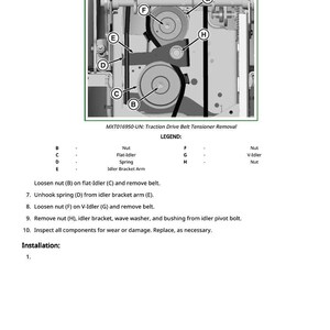 May include: Diagram of a mechanical component with labels and instructions for removing a traction drive belt tensioner. The image includes a legend identifying parts like nuts, idlers, and springs, with steps for disassembly.