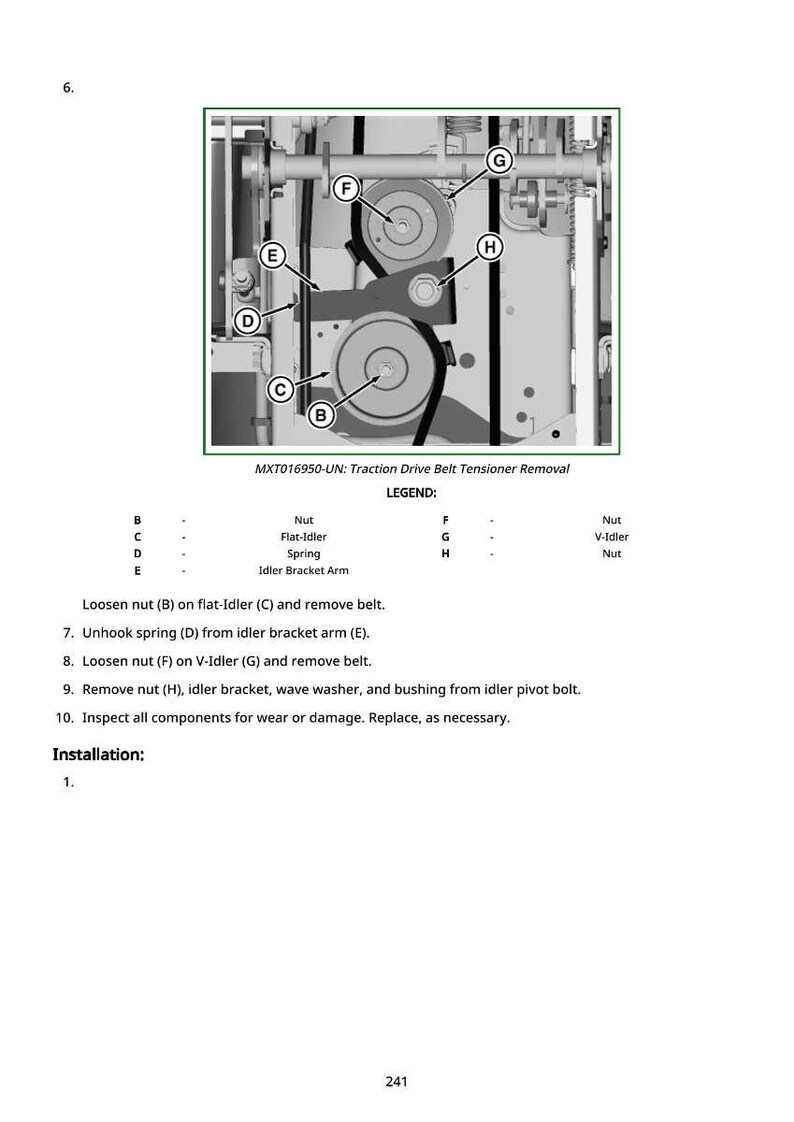 May include: Diagram of a mechanical component with labels and instructions for removing a traction drive belt tensioner. The image includes a legend identifying parts like nuts, idlers, and springs, with steps for disassembly.