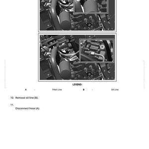 Puede incluir: Diagrama de un componente del motor con insertos de primer plano que muestran la extracci&oacute;n de una tuber&iacute;a de aceite y la desconexi&oacute;n de una manguera. La imagen incluye etiquetas para las tuber&iacute;as de filtro y aceite, y el texto "Retire la tuber&iacute;a de aceite (B)" y "Desconecte la manguera (A)".