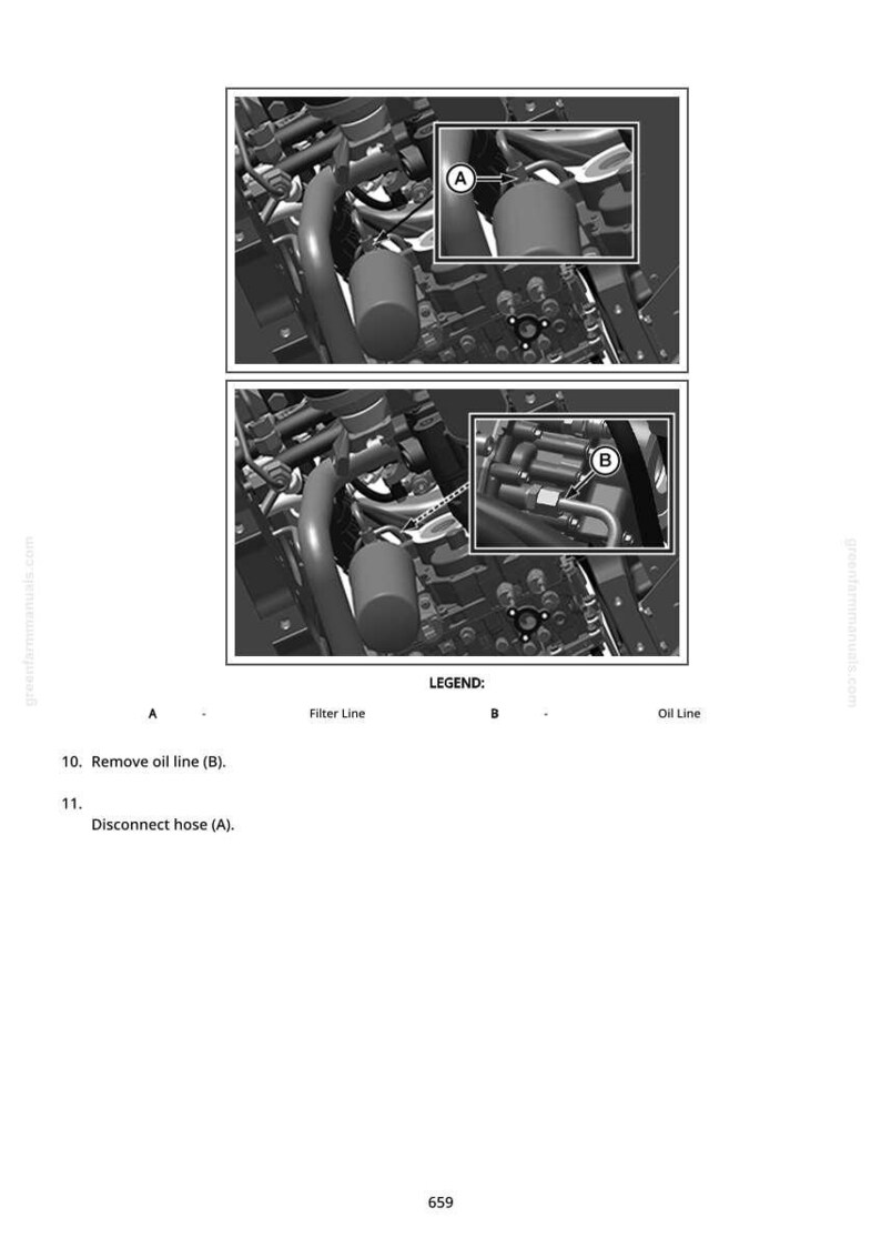 Puede incluir: Diagrama de un componente del motor con insertos de primer plano que muestran la extracci&oacute;n de una tuber&iacute;a de aceite y la desconexi&oacute;n de una manguera. La imagen incluye etiquetas para las tuber&iacute;as de filtro y aceite, y el texto "Retire la tuber&iacute;a de aceite (B)" y "Desconecte la manguera (A)".
