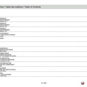 May include: A page from a manual with the title "Table of Contents" in English, French, and German. The document lists various maintenance and engine-related topics, including maintenance kits, hose clamps, and fuel tanks. The page has a white background with black text.