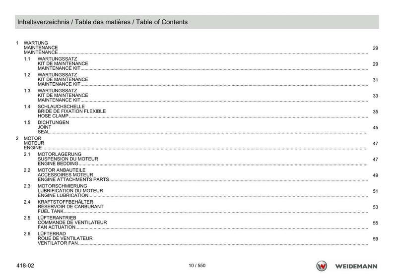 May include: A page from a manual with the title "Table of Contents" in English, French, and German. The document lists various maintenance and engine-related topics, including maintenance kits, hose clamps, and fuel tanks. The page has a white background with black text.
