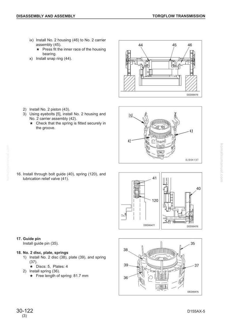 K&ouml;nnte beinhalten: Diagramm zur Montage eines Torqflow-Getriebes mit nummerierten Schritten und detaillierten Illustrationen. Enth&auml;lt Teile wie Geh&auml;use, Kolben, Federn und F&uuml;hrungsstifte. Ma&szlig;e in Millimetern.