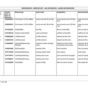 K&ouml;nnte beinhalten: Eine detaillierte Teileliste f&uuml;r einen Servicesatz mit Artikelnummern, Teilenamen und Bezeichnungen in mehreren Sprachen. Die Liste umfasst Kraftstofffilter, Luftfilterelemente und Dichtungen.