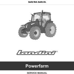 May include: A grayscale image of a Landini Powerfarm tractor. The image includes the Argo Tractors logo and the text "Quality Work. Quality Life." Below the tractor is the Landini logo and the word "Powerfarm". The image also includes the text "SERVICE MANUAL EDITION 04-2023 P/N 6715327A1."