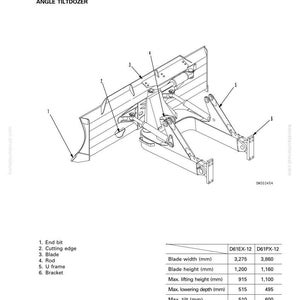 May include: An engineering diagram of an angle tiltdozer, a type of work equipment. The diagram is labeled with numbered parts, including the end bit, cutting edge, blade, rod, U frame, and bracket. Measurements are provided in millimeters.