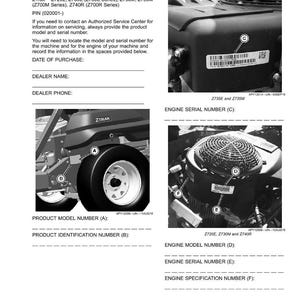 May include: Product identification guide for ZTrak mowers. Includes images of mower components with labels for product model, identification, engine serial, and model numbers. Text includes model numbers and contact information.