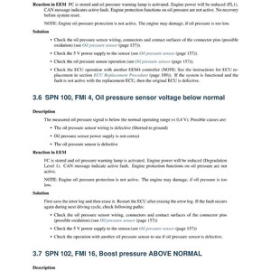 May include: A troubleshooting guide page with the title "EEM4 Troubleshooting, Release 1.4". The document details fault codes, including oil pressure and boost pressure issues, with diagnostic steps and potential causes.