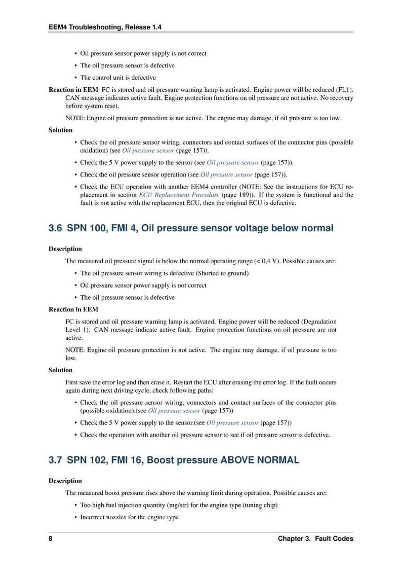May include: A troubleshooting guide page with the title "EEM4 Troubleshooting, Release 1.4". The document details fault codes, including oil pressure and boost pressure issues, with diagnostic steps and potential causes.