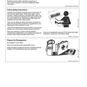 K&ouml;nnte beinhalten: Eine Seite aus einem Maschinenbedienungshandbuch mit Sicherheitshinweisen. Das Handbuch enth&auml;lt Abschnitte zum Lesen von Sicherheitsinformationen, zum Befolgen von Sicherheitsanweisungen und zur Vorbereitung auf Notf&auml;lle. Abbildungen zeigen eine Person, die ein Handbuch liest, einen Feuerl&ouml;scher und einen Erste-Hilfe-Kasten.