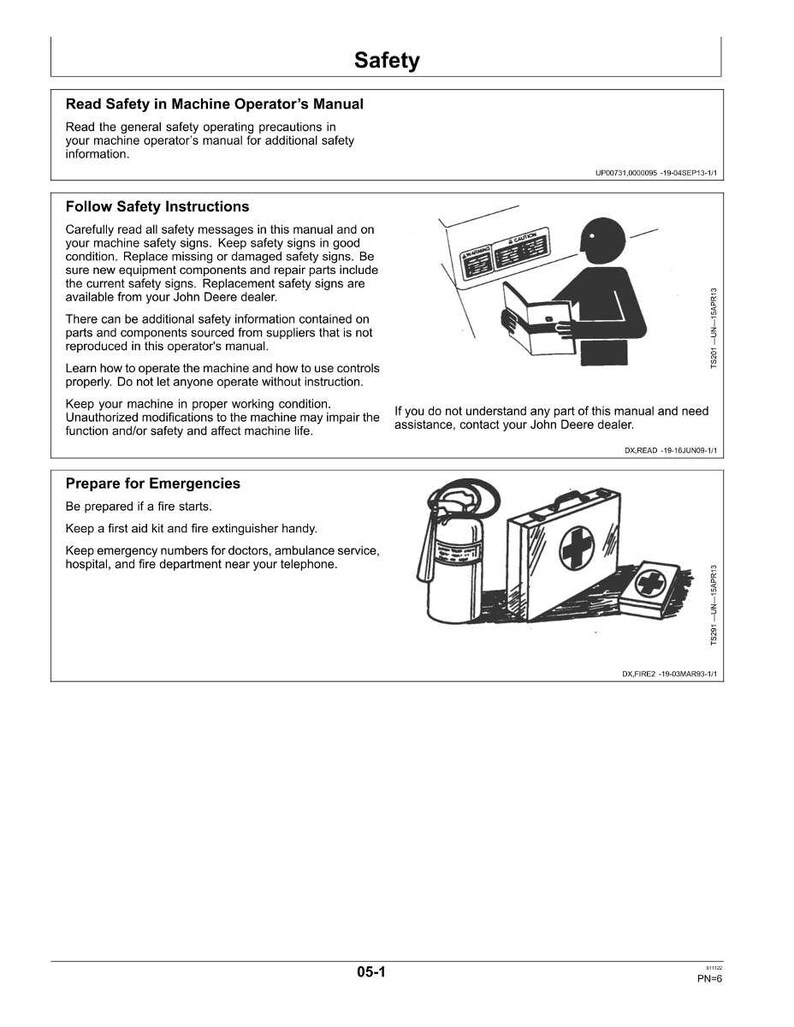 K&ouml;nnte beinhalten: Eine Seite aus einem Maschinenbedienungshandbuch mit Sicherheitshinweisen. Das Handbuch enth&auml;lt Abschnitte zum Lesen von Sicherheitsinformationen, zum Befolgen von Sicherheitsanweisungen und zur Vorbereitung auf Notf&auml;lle. Abbildungen zeigen eine Person, die ein Handbuch liest, einen Feuerl&ouml;scher und einen Erste-Hilfe-Kasten.