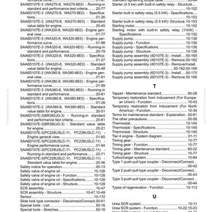 May include: A manual page featuring an index and specifications for engine components. The text details model numbers, engine performance data, and maintenance information. The document serves as a reference guide for machinery.