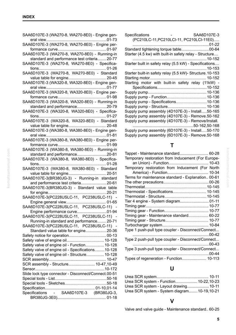 May include: A manual page featuring an index and specifications for engine components. The text details model numbers, engine performance data, and maintenance information. The document serves as a reference guide for machinery.