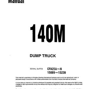 Pode incluir: Uma capa branca de manual de oficina com o texto "Shop Manual" no topo. O texto preto grande "140M" est&aacute; centrado, com "DUMP TRUCK" abaixo. Inclui sufixo de s&eacute;rie e informa&ccedil;&otilde;es de direitos autorais.