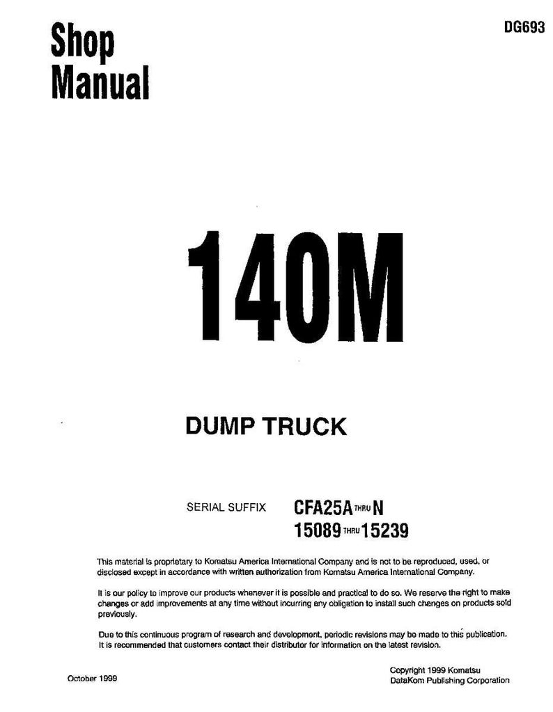 Pode incluir: Uma capa branca de manual de oficina com o texto "Shop Manual" no topo. O texto preto grande "140M" est&aacute; centrado, com "DUMP TRUCK" abaixo. Inclui sufixo de s&eacute;rie e informa&ccedil;&otilde;es de direitos autorais.