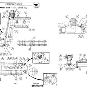 May include: Detailed technical diagram of a tractor's front axle, labeled with numbers and cross-sections. The diagram includes various components like bolts, joints, and structural elements, all in a black and white schematic.