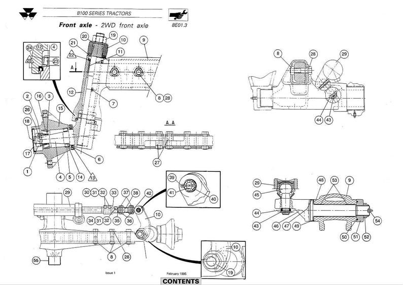 May include: Detailed technical diagram of a tractor's front axle, labeled with numbers and cross-sections. The diagram includes various components like bolts, joints, and structural elements, all in a black and white schematic.