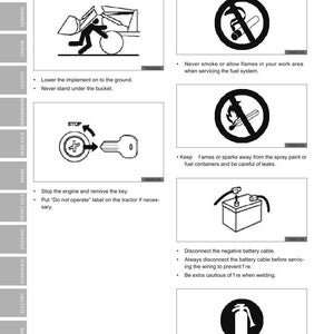 May include: Safety instructions and fire safety tips for tractor maintenance. Includes illustrations and text warnings about avoiding flames, disconnecting the battery, and using a fire extinguisher. Text includes "Safety First" and "Do not operate".